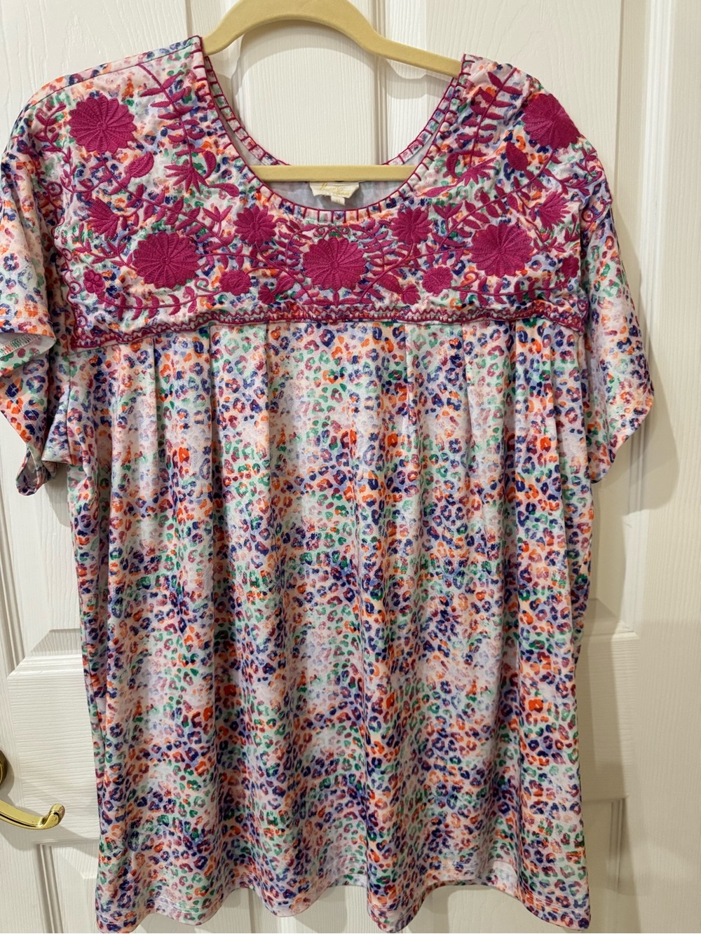Embroidered Floral Yoke Short Sleeve Tunic - Pink Multicolor